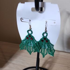 Green Holly Earrings with Red Accents